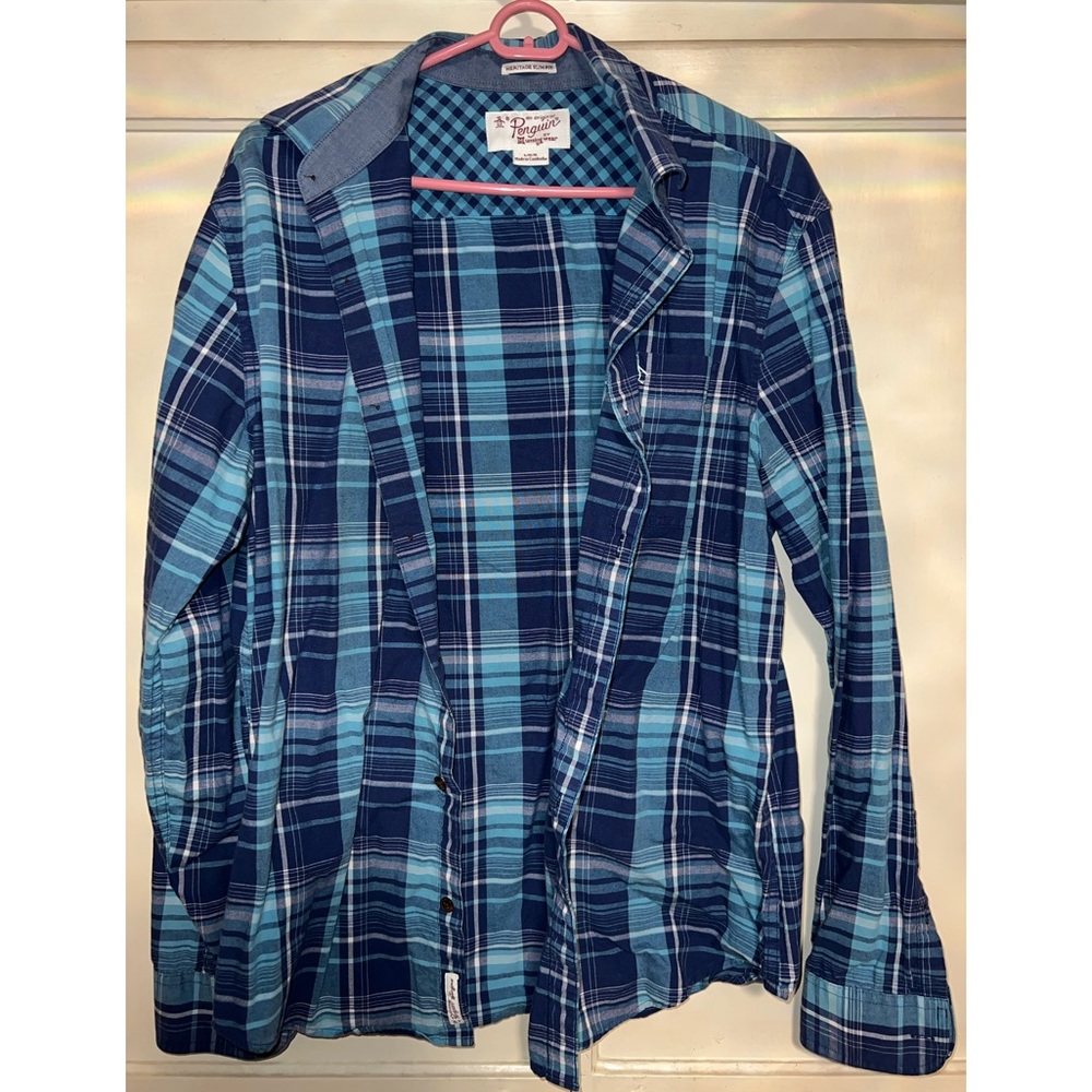 Men’s Large Slim Fit Penguin Plaid Long Sleeve Shirt